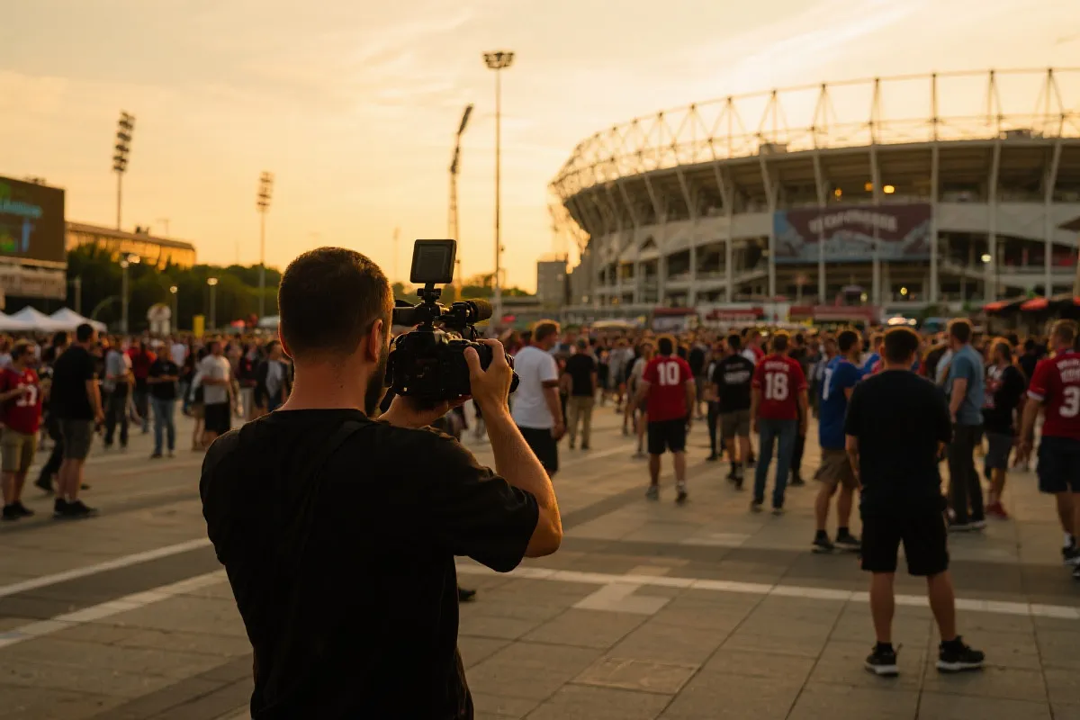 比赛日人潮中的Vlog拍摄场景：球场外广场、球迷流动、摄影者手持稳定器记录氛围