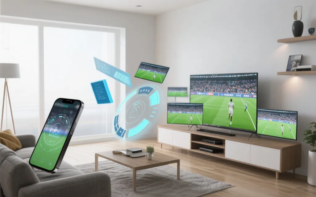 手机与电视多屏互动的世界杯观赛场景，数据与AR元素叠加