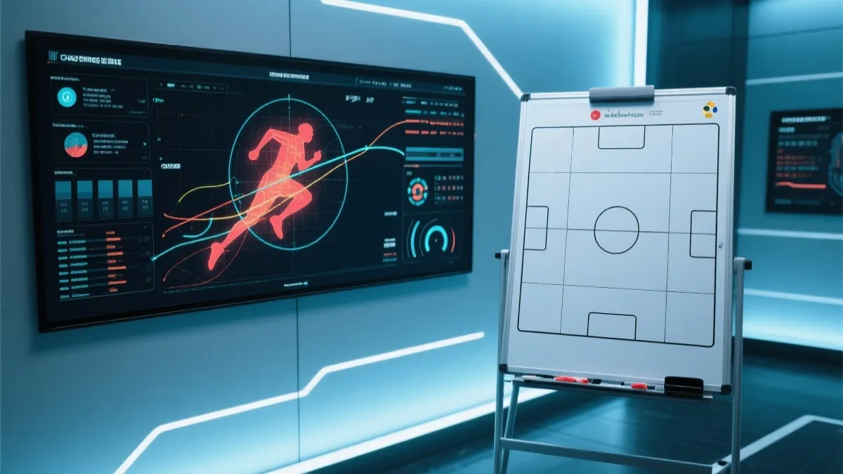 体育数据分析屏幕与战术板，展示跑动热区与传球线路