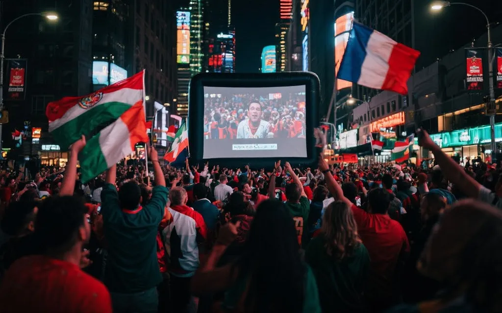 夜晚街头大屏幕前的球迷观赛人群，旗帜与灯光，电影感纪实