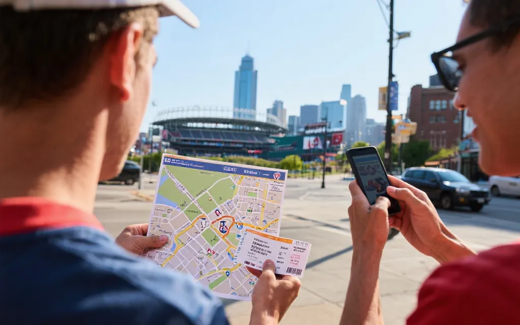 球迷在北美城市街头规划世界杯观赛路线：地图、球票、球场远景与地标建筑