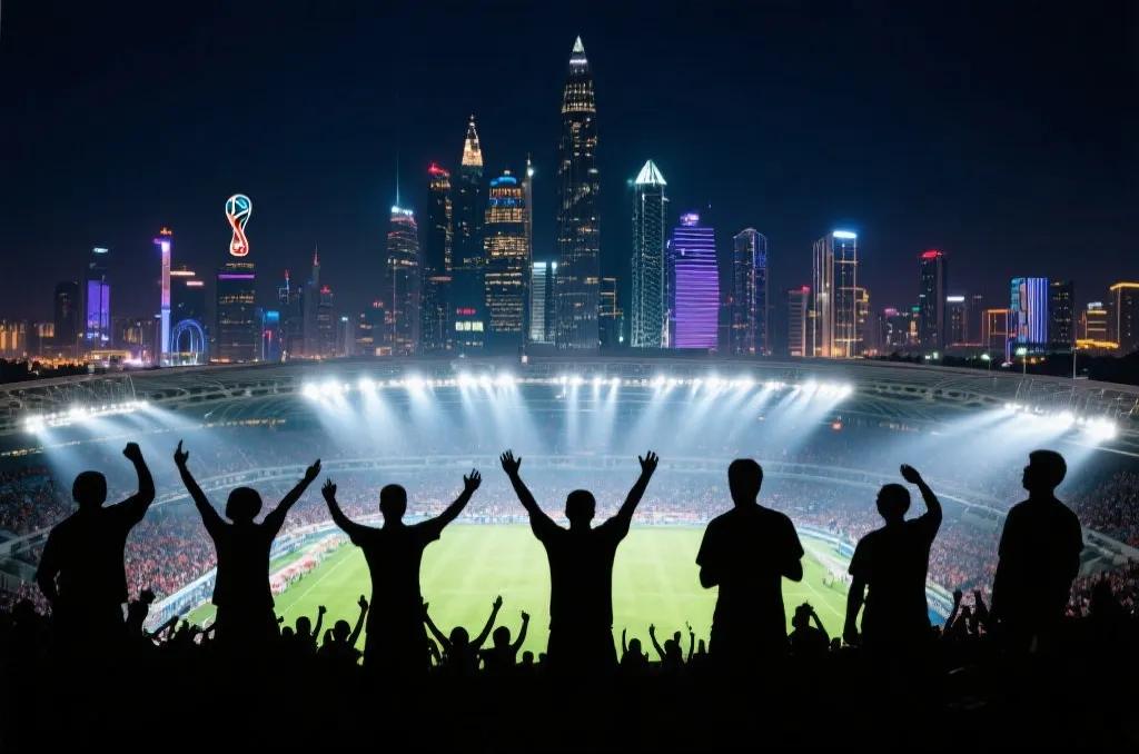 北美世界杯主办城市夜景与球迷氛围交织的旅行海报式画面